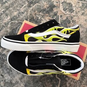 Vans Old Skool Kids Slime Flame Low Top Sneakers Black Yellow Flames 4.5 J NEW